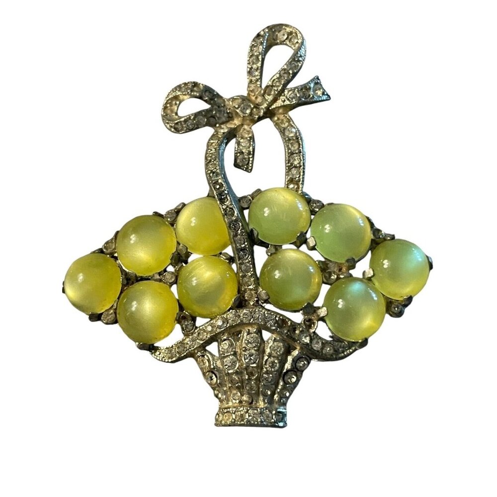 CORO Unsigned Yellow Moonstone Lucite Basket Brooch Rhinestones Vintage READ‎